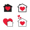 Set of houses icons with red hearts isolated on white background. Royalty Free Stock Photo